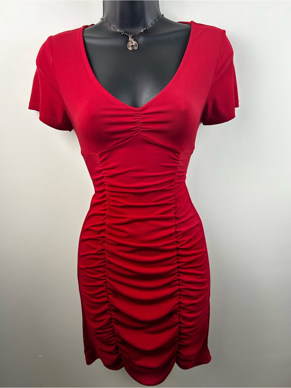 Ambiance Red Ruched V‑Neck Mini Dress